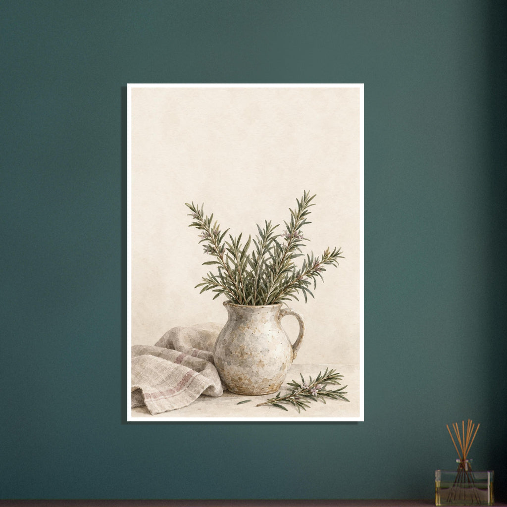 Rosemary sprigs in a mottled cream jug beside a striped cloth and loose stems, painted against a cream background.