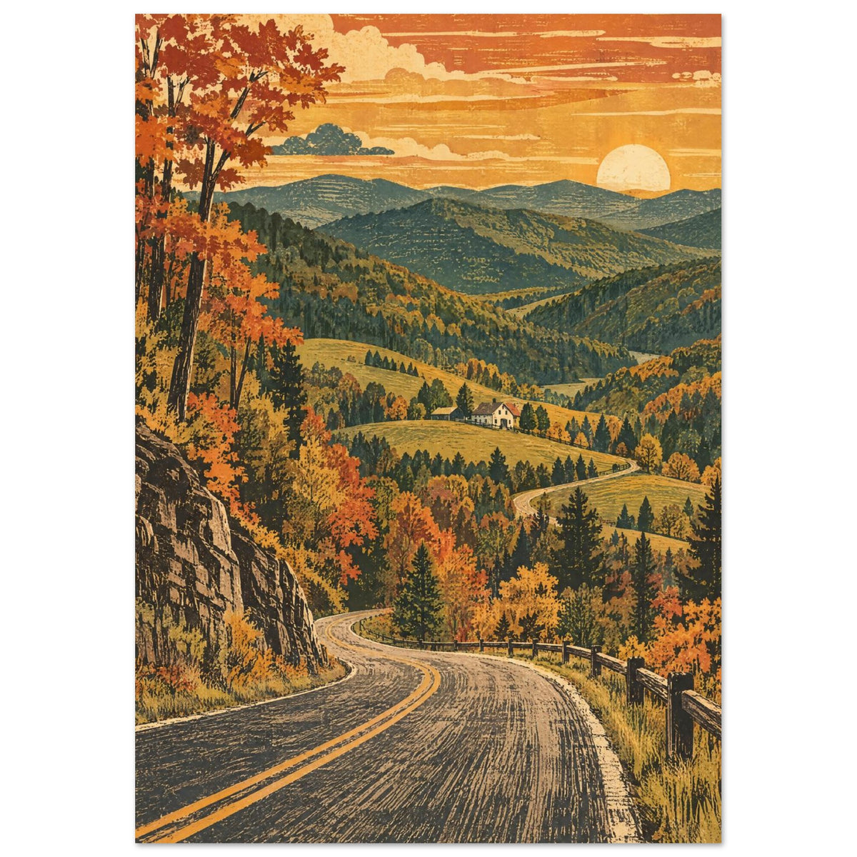 Winding road through orange and gold autumn trees, with a valley house, layered green mountains and a low sun.