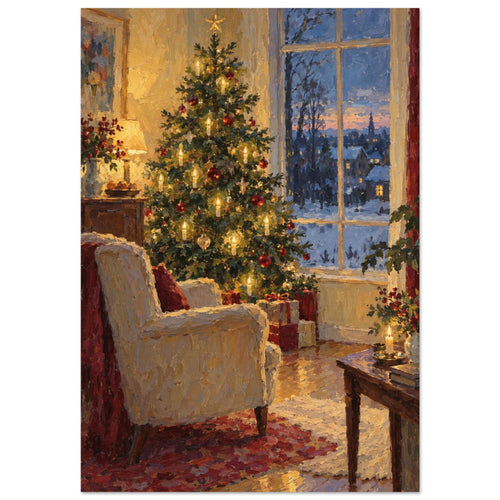 Christmas Eve by the Window shows a glowing tree and empty armchair beside a tall window, painted with thick contours and sma