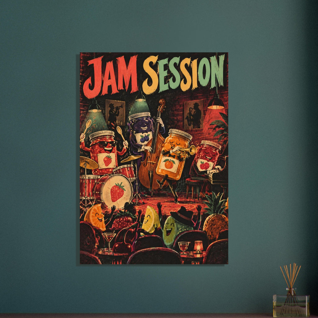 Jam Session art print showing four fruit jam jars playing jazz on stage before a cheering fruit audience