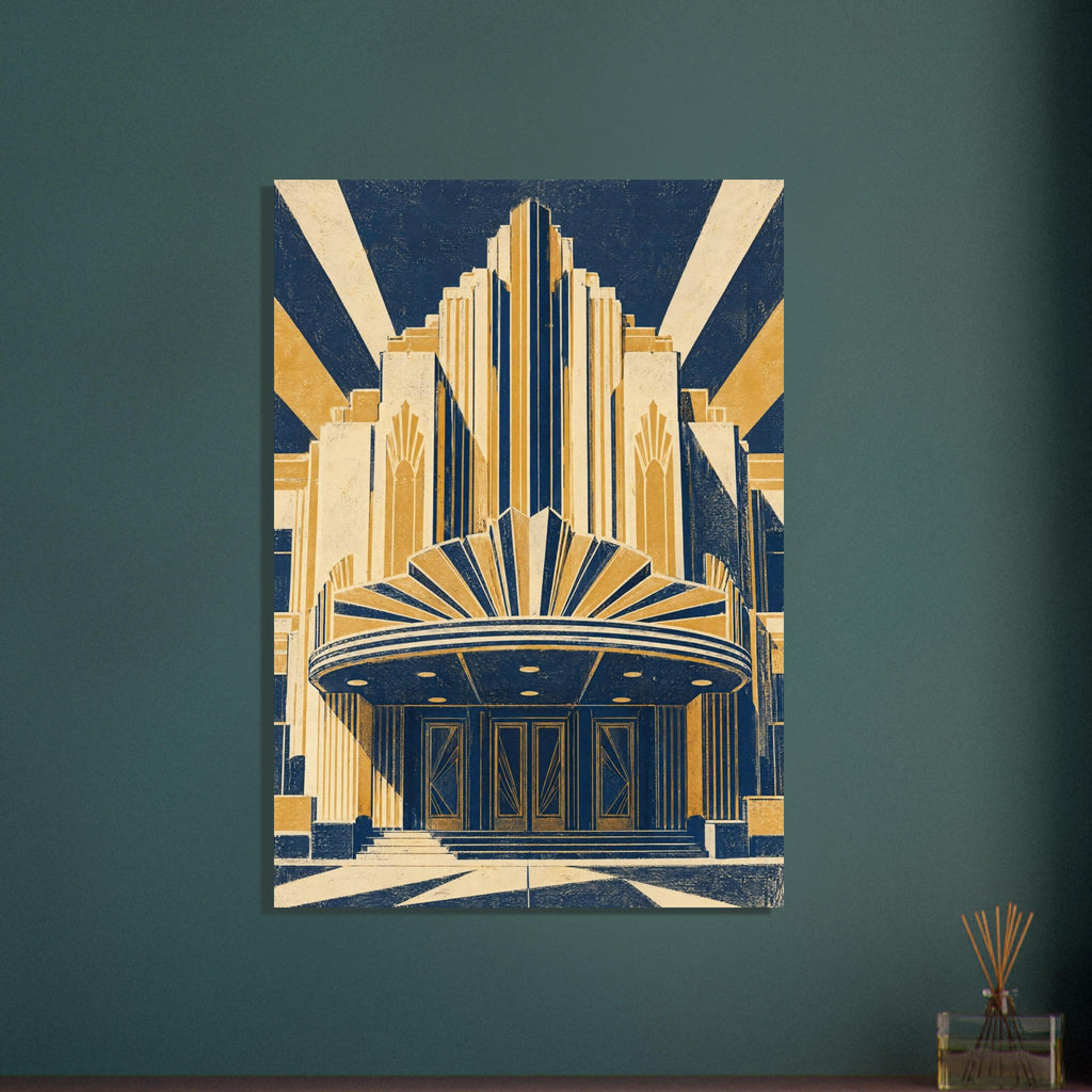 Art Deco theatre façade in navy, golden yellow and cream, with stepped towers, a fan-shaped canopy and distressed texture.