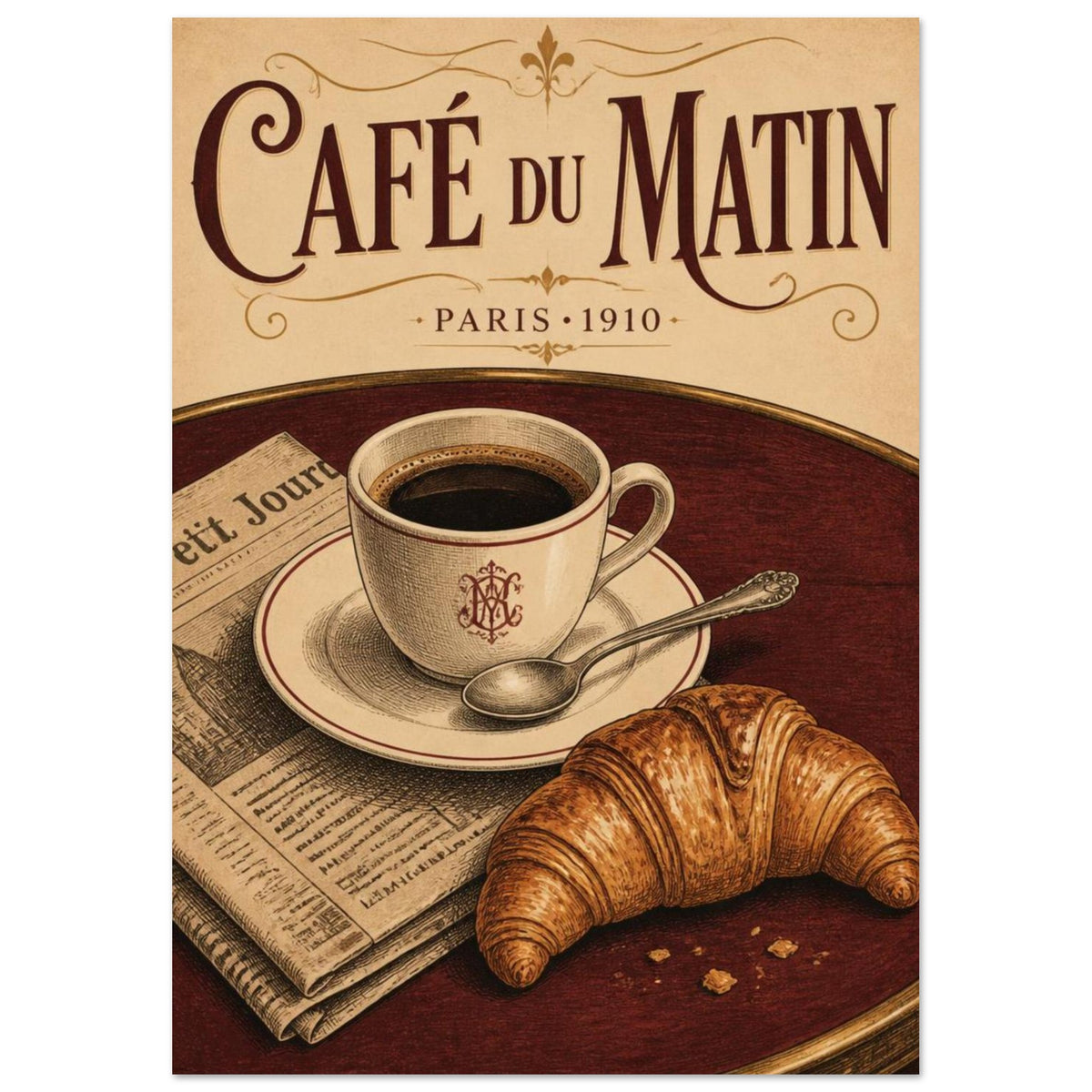 Coffee cup, croissant, spoon and newspaper on a burgundy table beneath decorative Café du Matin and Paris 1910 lettering.