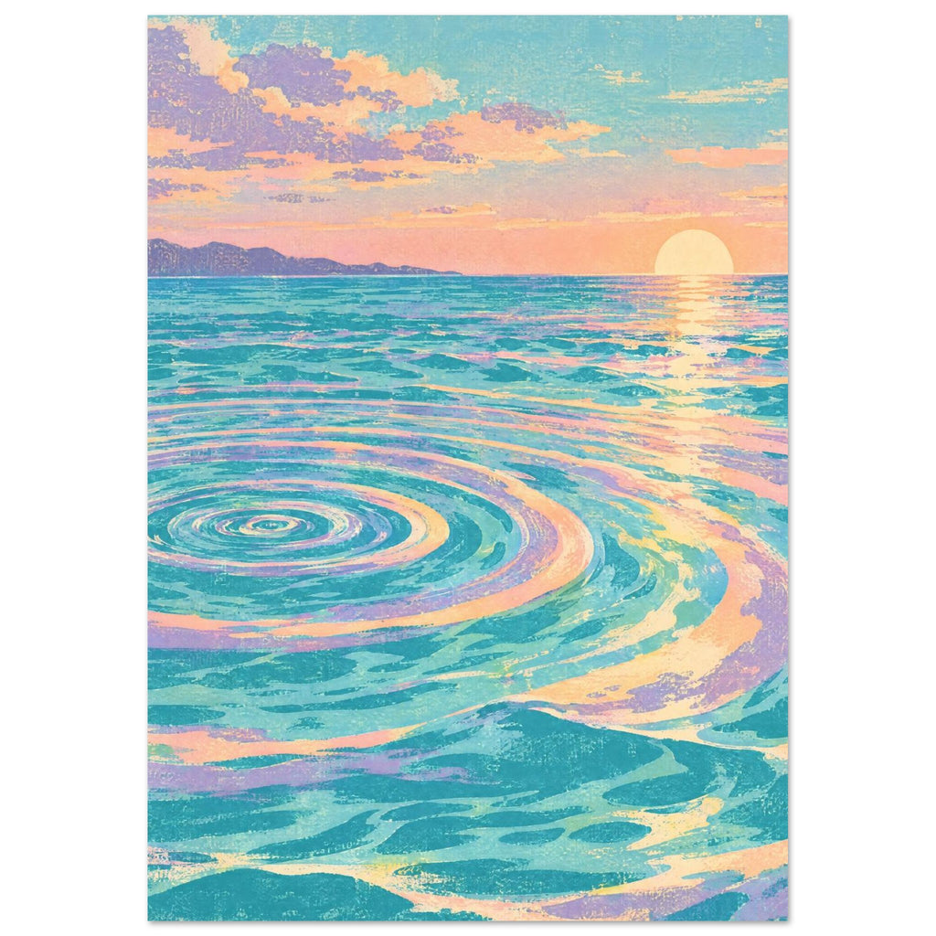 Ocean sunset with turquoise waves, large circular ripples, peach and lilac clouds, and a pale sun on the horizon.