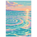 Ocean sunset with turquoise waves, large circular ripples, peach and lilac clouds, and a pale sun on the horizon.