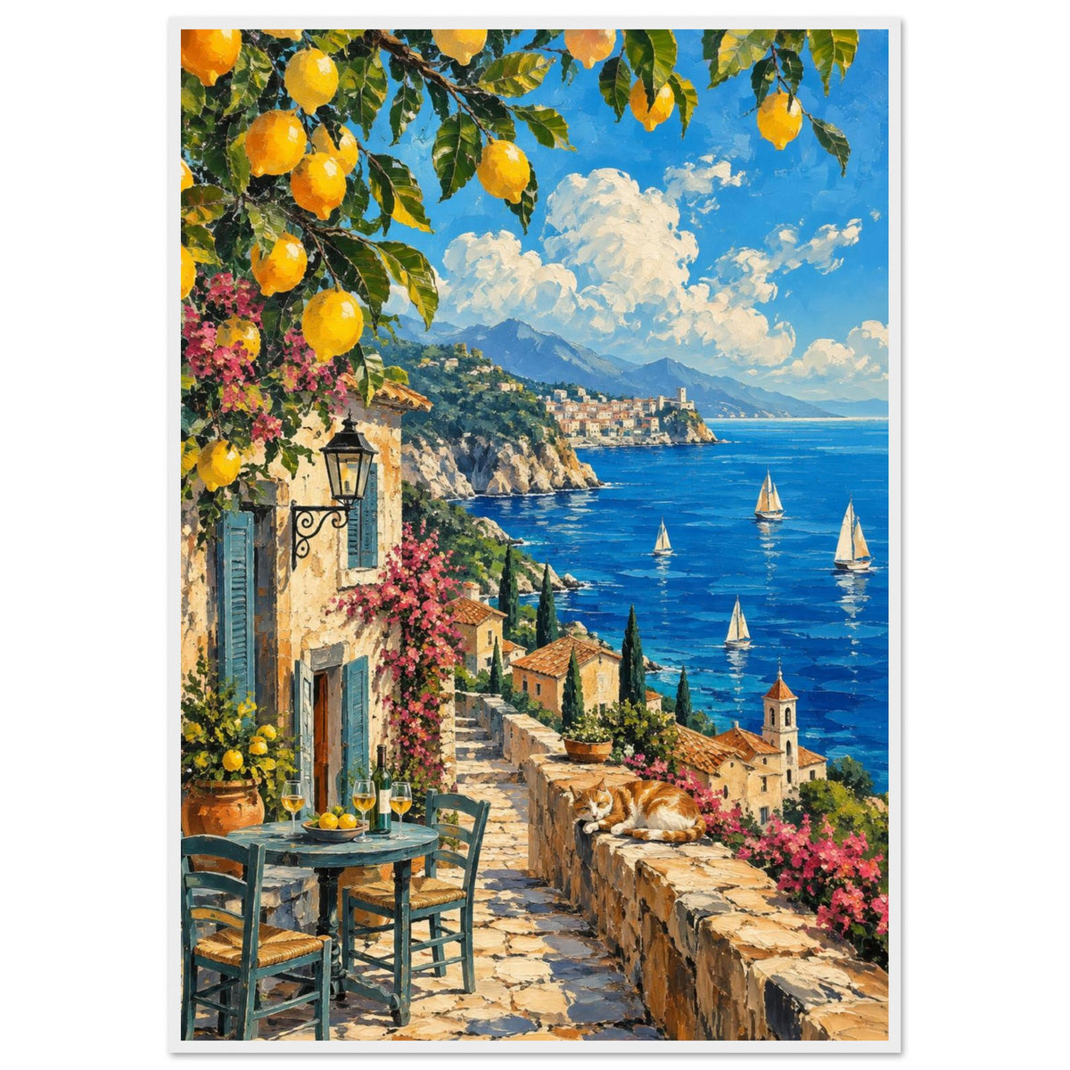 Lemon branches above a seaside terrace with a table, chairs and resting cat, overlooking sailboats and a coastal village.