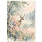 Antlered deer beside a tree and water, with misty conifers and loose watercolour washes of green, blue and pink.