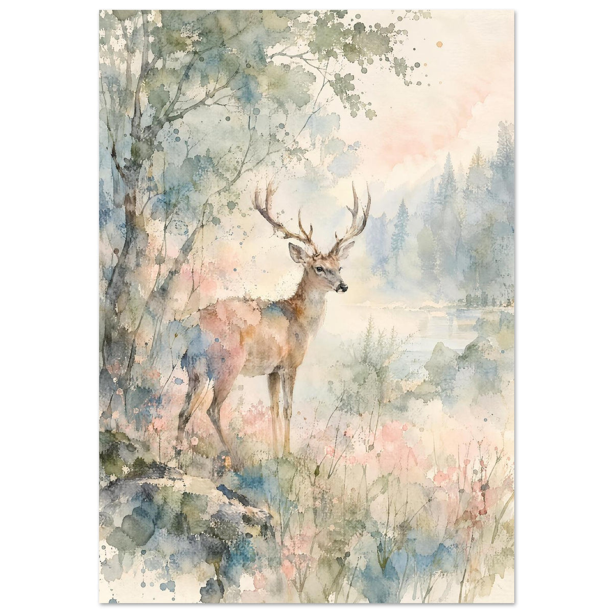 Antlered deer beside a tree and water, with misty conifers and loose watercolour washes of green, blue and pink.