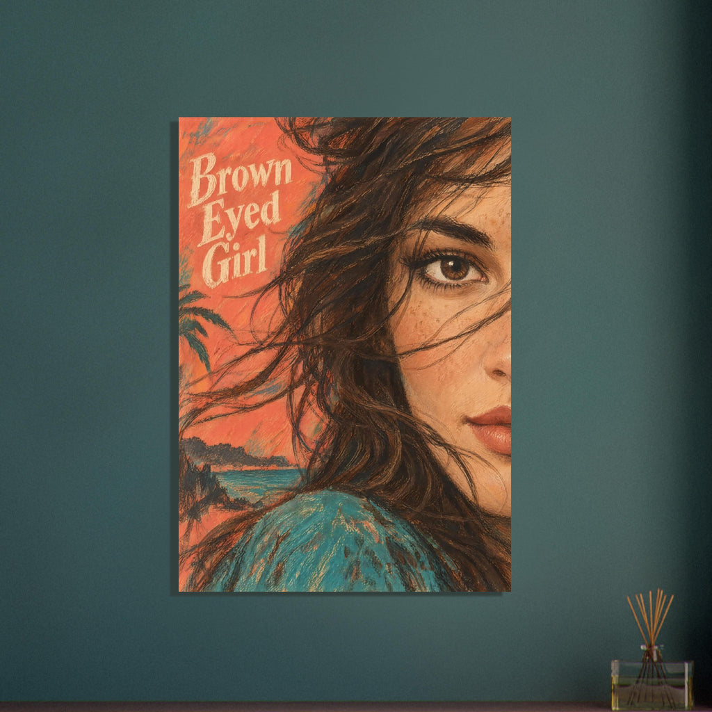 Brown-eyed woman with flowing dark hair and teal clothing against a coral background with “Brown Eyed Girl” lettering.