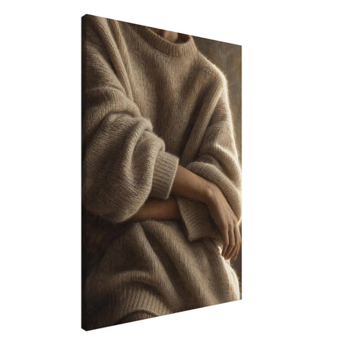 Cashmere and Quiet, a close crop of crossed forearms over a voluminous cream jumper, with warm taupe shadows and a softly lit