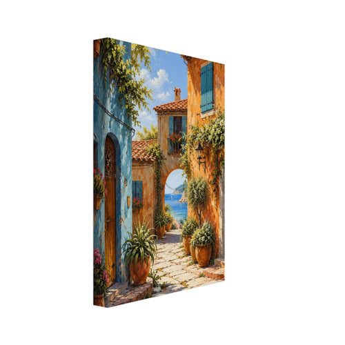 Coastal village lane between blue and orange houses, with teal shutters, flower pots and an archway overlooking the sea.