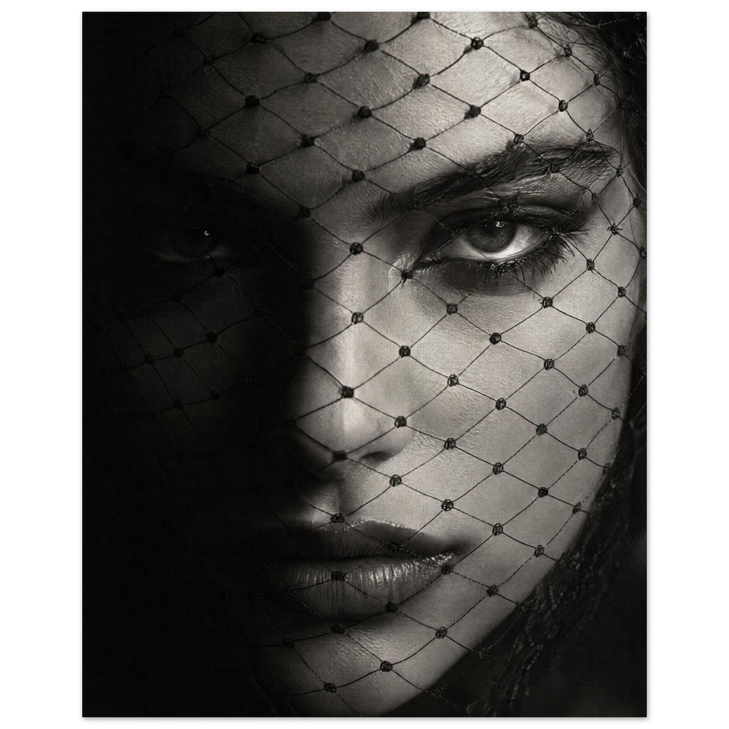 Woman's face behind a diamond-patterned net veil, with one eye brightly lit and the other in deep shadow, in black and white.