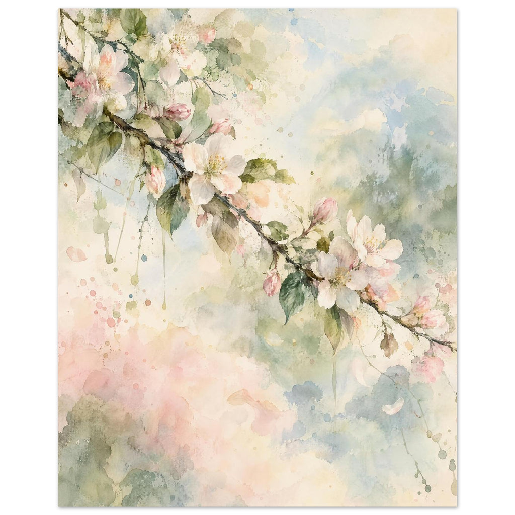 Flowering branch with pale pink and white blossom and green leaves against soft cream, blue and pink watercolour washes.