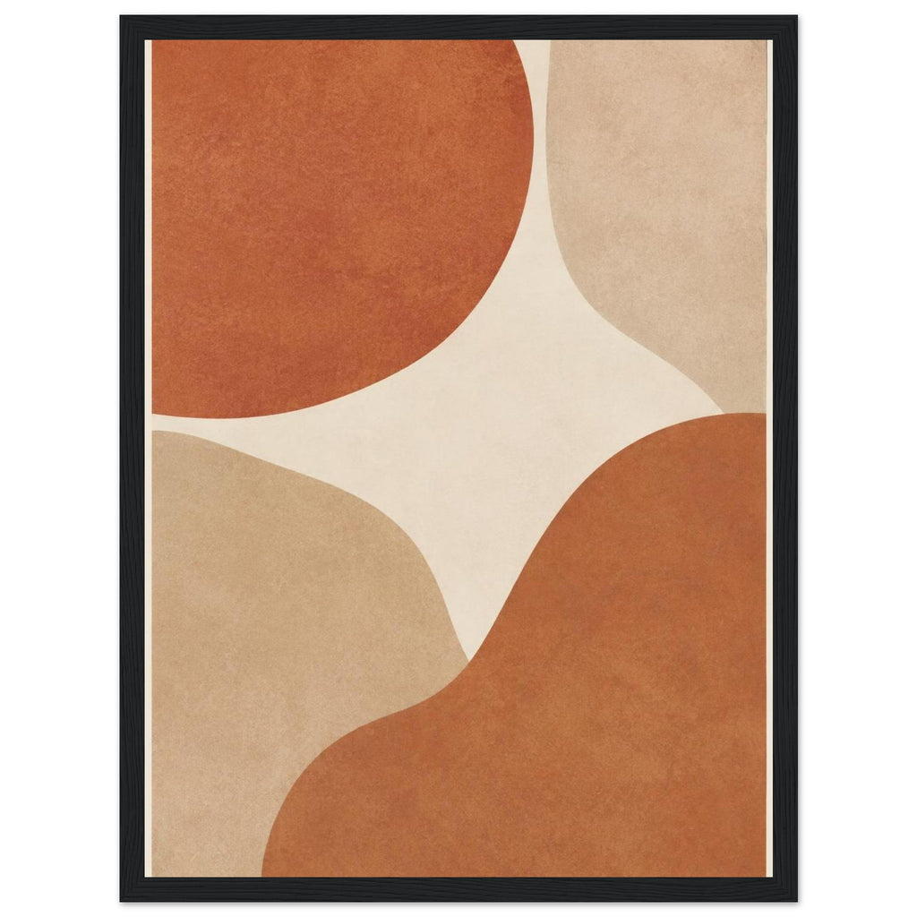 Abstract burnt orange and beige curved shapes on a cream background, with mottled texture and a narrow cream border.