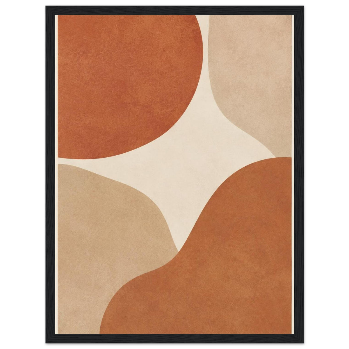 Abstract burnt orange and beige curved shapes on a cream background, with mottled texture and a narrow cream border.