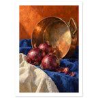 Three red onions and loose skins on blue and cream cloth beside a tilted copper pan against an orange background.