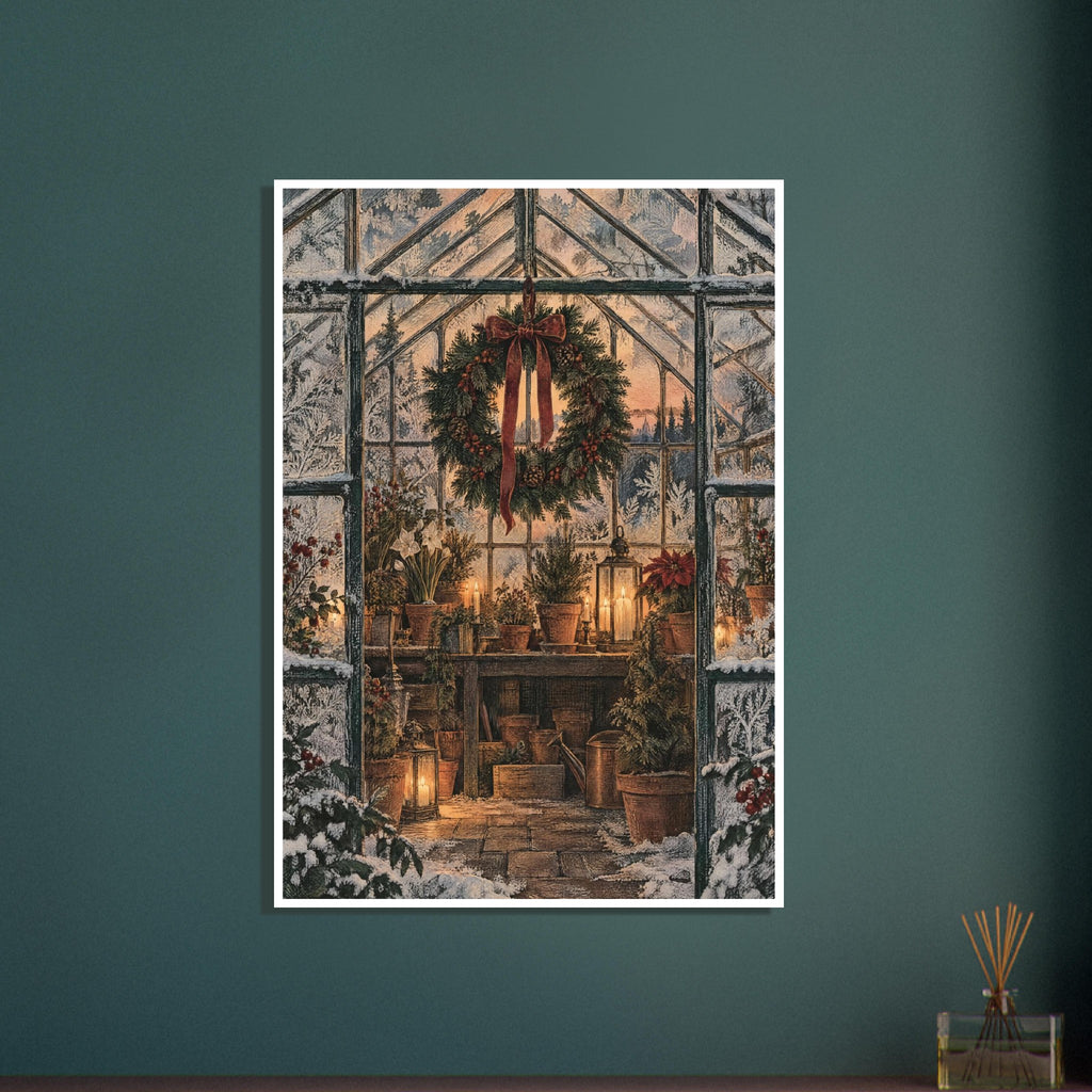 Christmas wreath with a red bow in a frosted greenhouse filled with potted plants, candles and glowing lanterns.