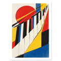 Piano keys sweep diagonally through red, yellow and blue geometric shapes, with a red circle and distressed cream background.