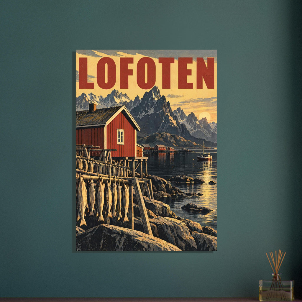 Red waterfront cabin and drying fish beneath jagged mountains, with a boat, golden sky and large red Lofoten lettering.