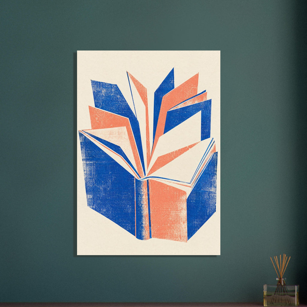 Open book with angular pages fanning upwards in blue, coral and cream, with distressed textures on a cream background.