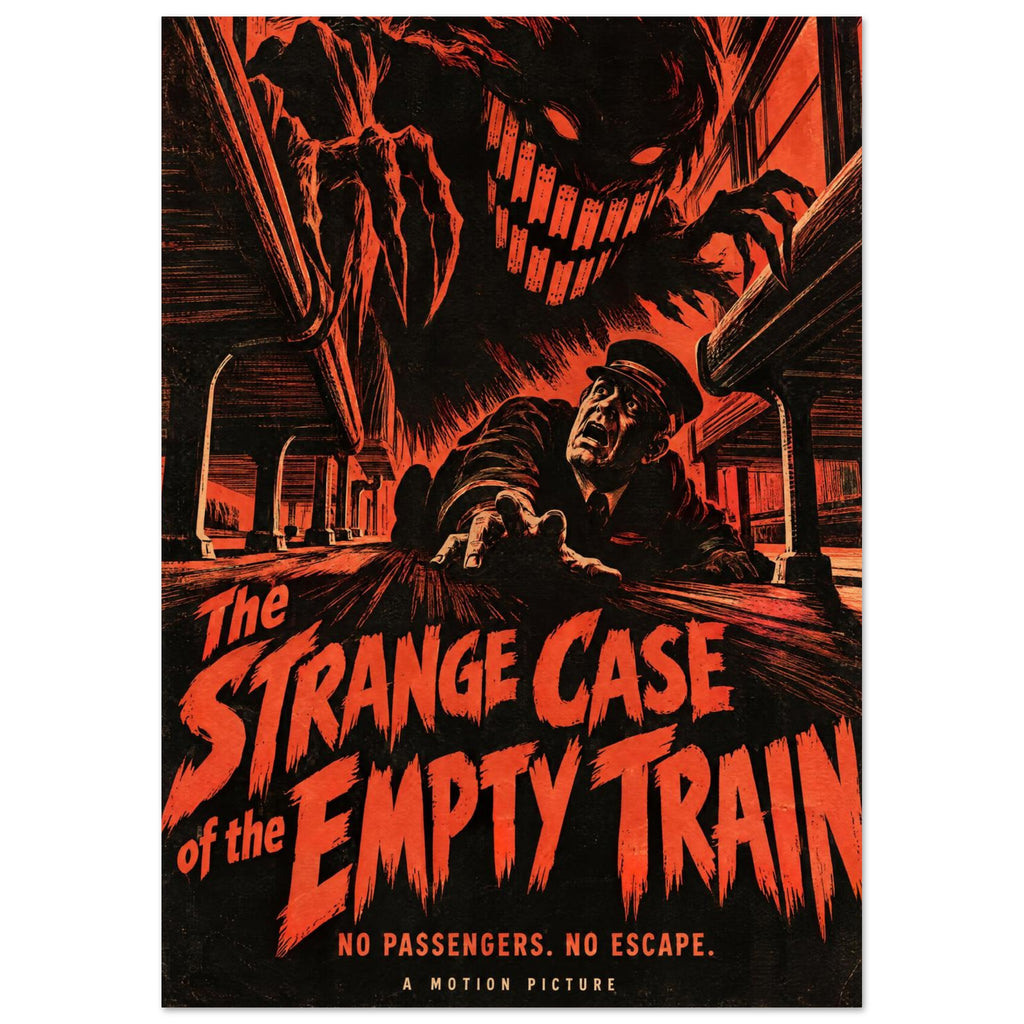 Grinning monster looming over a terrified man in a train carriage, with orange-red horror lettering on black.
