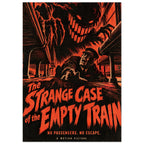 Grinning monster looming over a terrified man in a train carriage, with orange-red horror lettering on black.