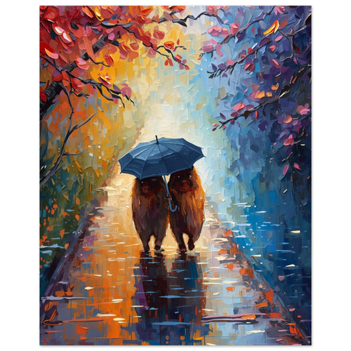 Two capybaras beneath a blue umbrella on a reflective wet path, framed by red and orange leaves in a painterly scene.