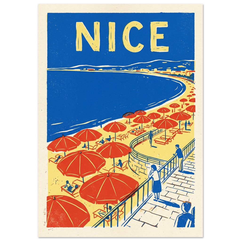 Nice beach with red parasols, yellow sand, a blue bay and figures on a curved promenade beneath large NICE lettering.