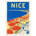 Nice beach with red parasols, yellow sand, a blue bay and figures on a curved promenade beneath large NICE lettering.
