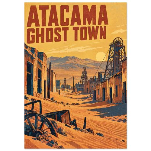 Atacama Ghost Town lettering above a sandy street, ruined buildings and mining towers, with mountains beneath a golden sky.