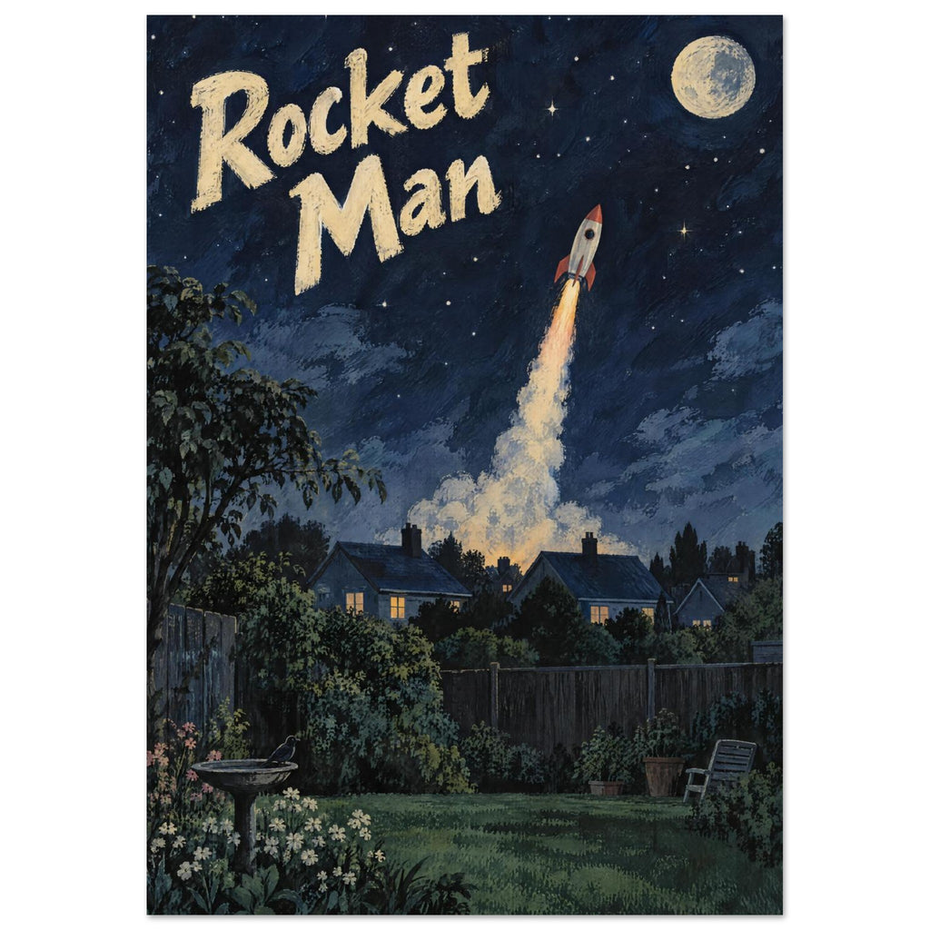Rocket soaring above a garden and houses beneath a starry navy sky, with a moon and large cream “Rocket Man” lettering.