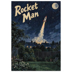 Rocket soaring above a garden and houses beneath a starry navy sky, with a moon and large cream “Rocket Man” lettering.