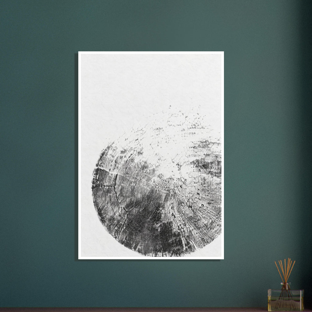 Textured black and grey circular impression fading into a white background, with cracks and radiating marks.