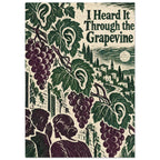 Grapevine leaves with ear motifs, purple grapes, whispering figures and buildings beneath I Heard It Through the Grapevine te