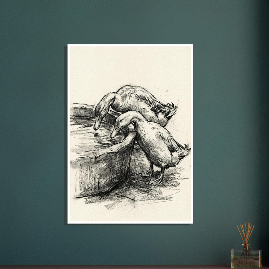 Two ducks leaning towards water in a rounded trough, drawn with dark sketch lines and shading on a cream background.