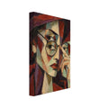 Cubist portrait of a figure touching round glasses, wearing a wide-brimmed hat, in rust red, purple and pale green.