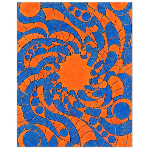 Blue and orange segmented ribbons and circles swirl around an orange centre, with fine dark outlines and mottled texture.