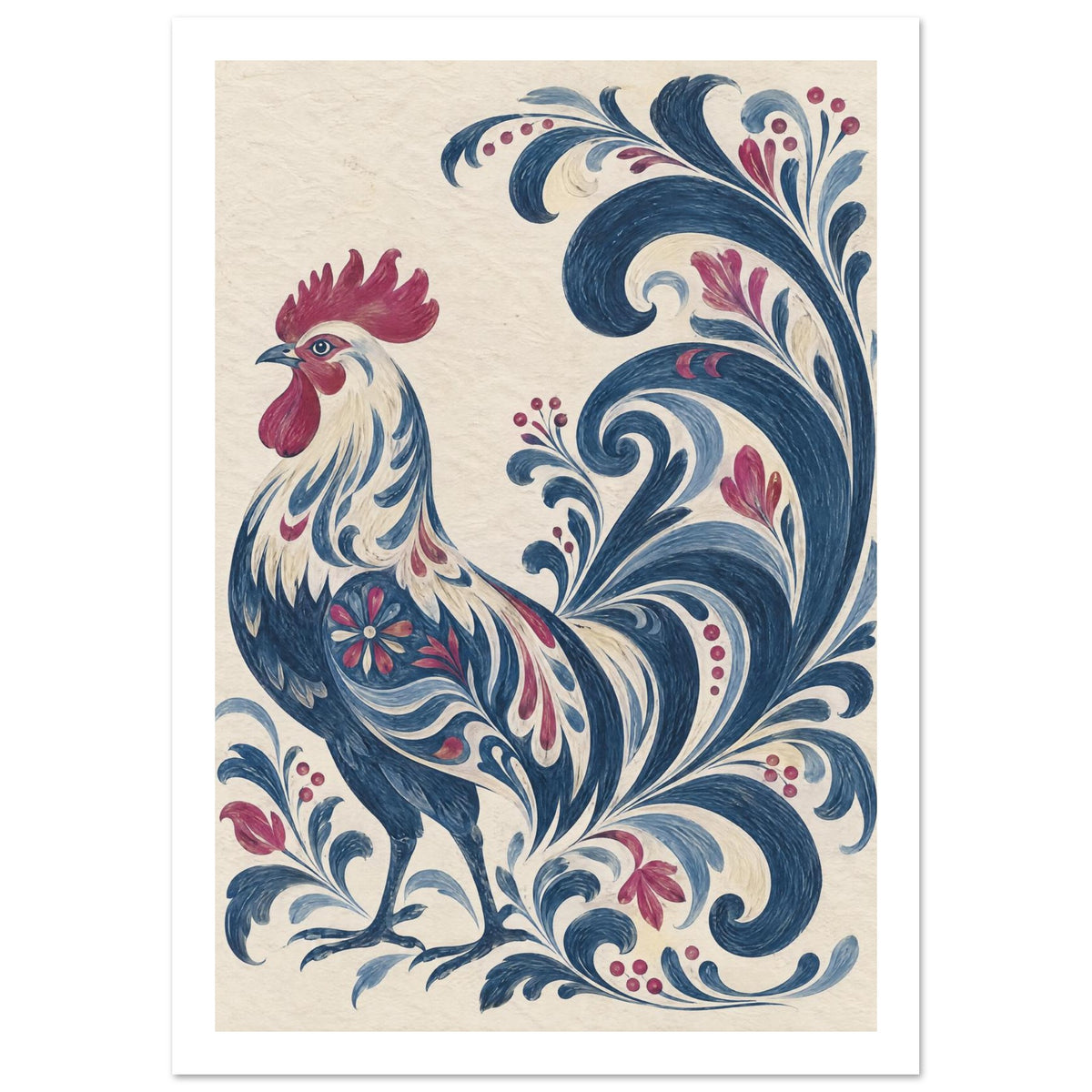 Decorative blue and cream rooster with a burgundy comb, surrounded by sweeping blue floral scrolls on cream.