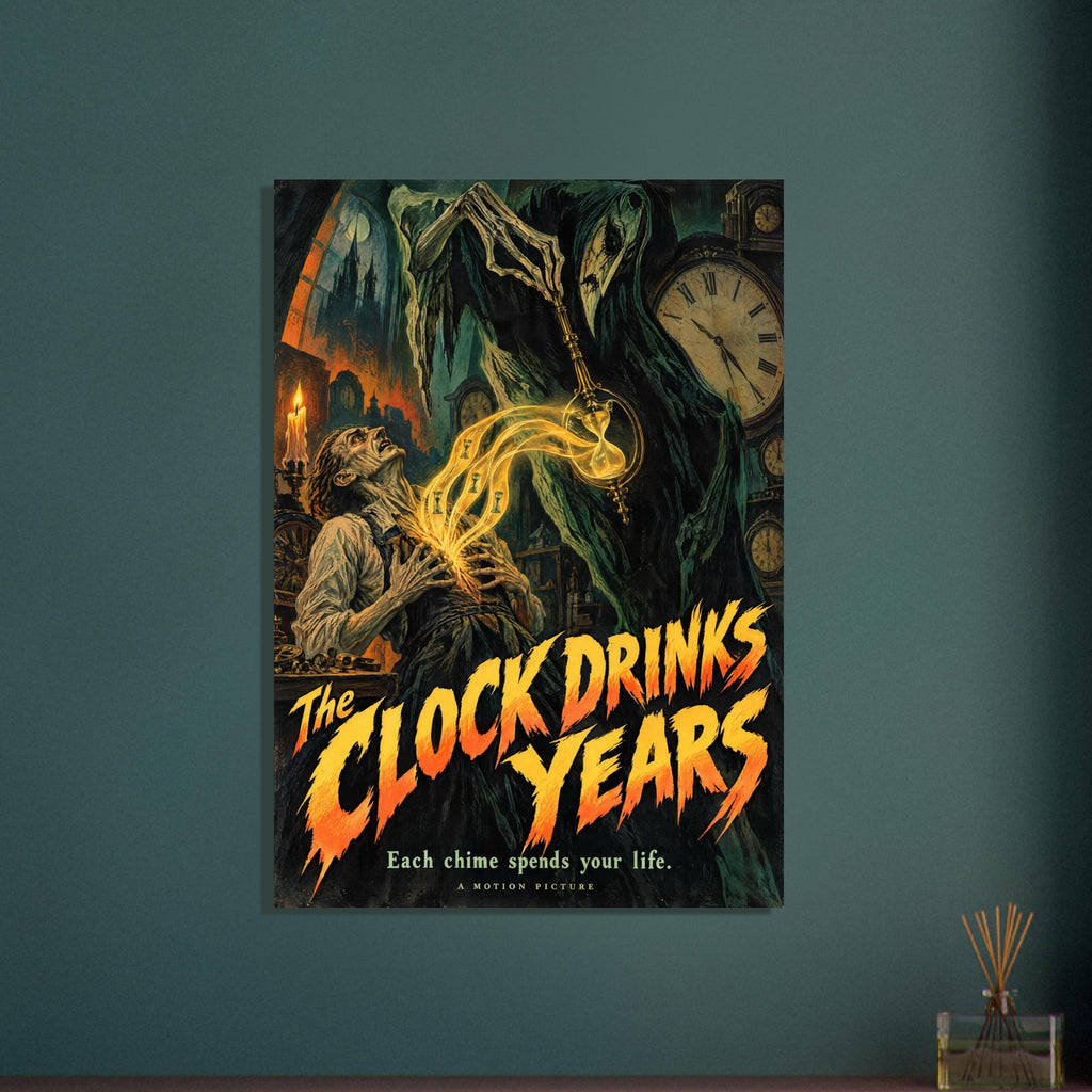 Hooded skeleton holds a glowing hourglass above a frightened man amid clocks, with ‘The Clock Drinks Years’ lettering.
