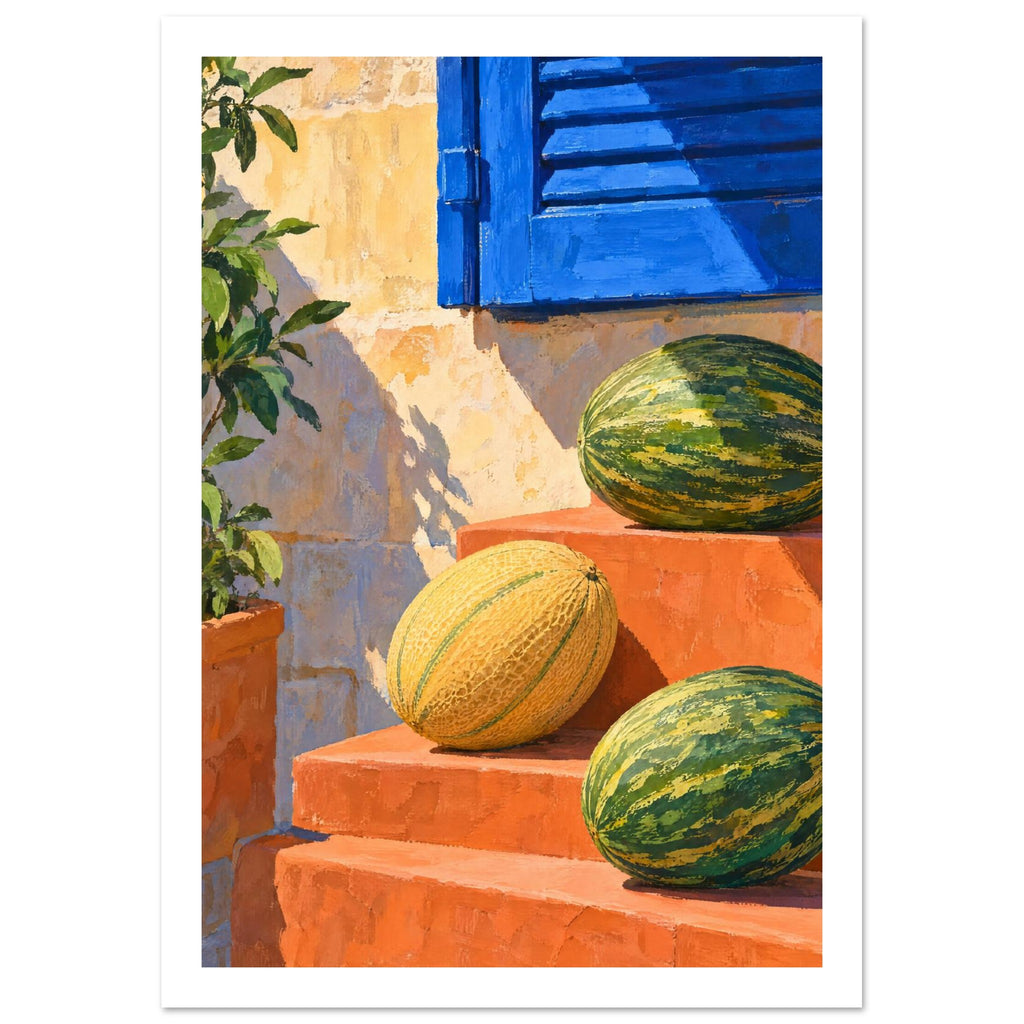 Three green and yellow melons on terracotta steps beneath a blue shutter, with a leafy potted plant at the left.