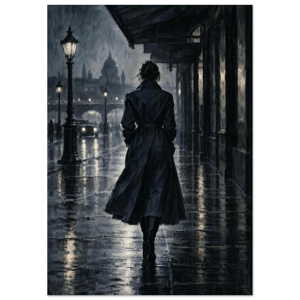 Raincoat at Midnight, a rear-view figure in a long raincoat under an awning, outlined above wet pavement in navy and charcoal