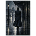 Raincoat at Midnight, a rear-view figure in a long raincoat under an awning, outlined above wet pavement in navy and charcoal