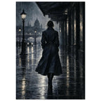 Raincoat at Midnight, a rear-view figure in a long raincoat under an awning, outlined above wet pavement in navy and charcoal