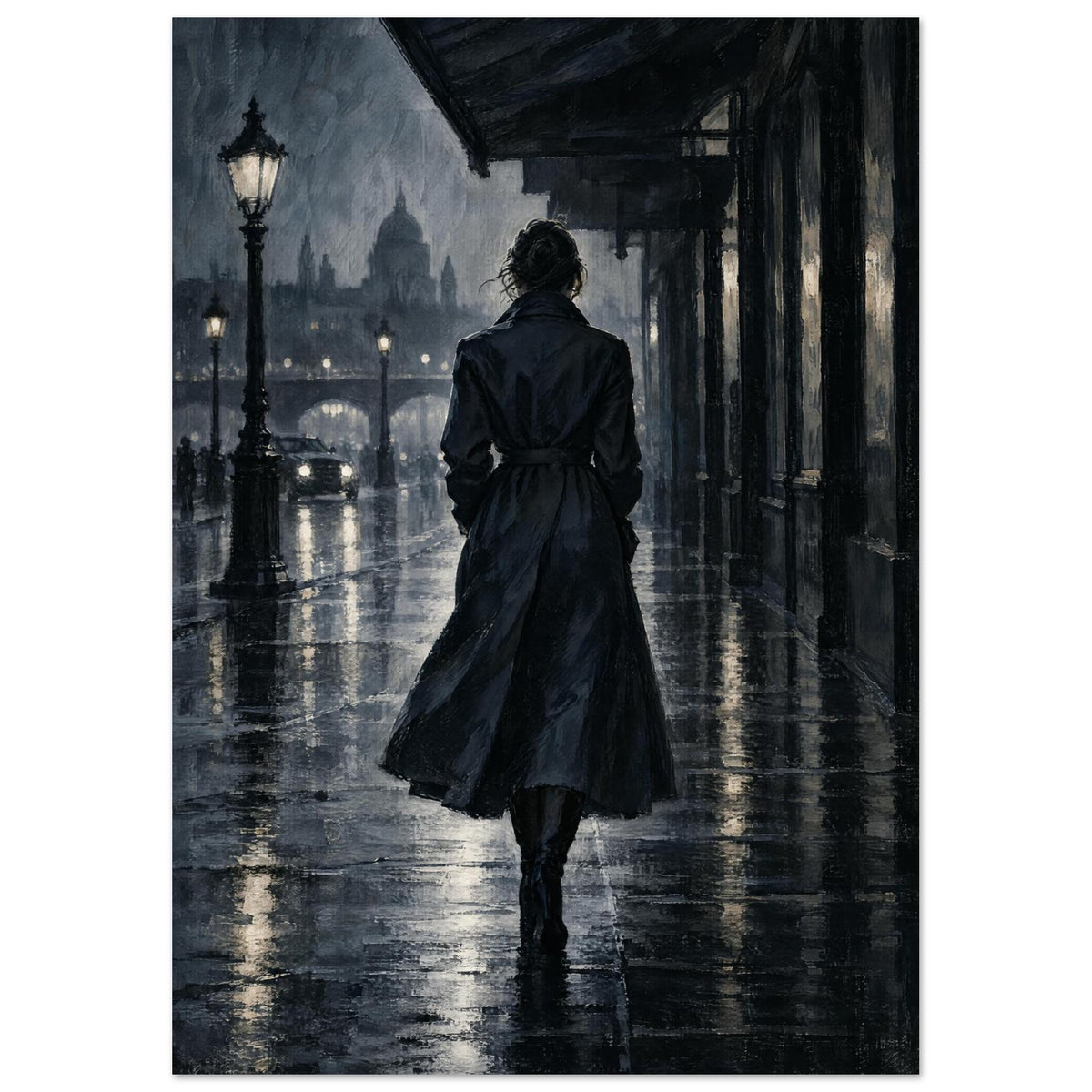 Raincoat at Midnight, a rear-view figure in a long raincoat under an awning, outlined above wet pavement in navy and charcoal