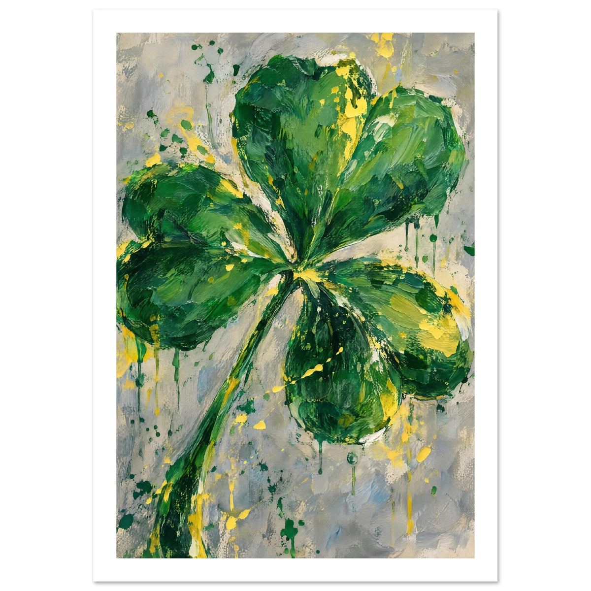 Four leaf clover painted in layered greens with yellow splashes and paint drips on a mottled grey and cream background.
