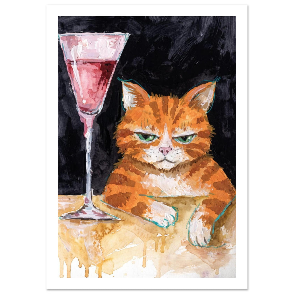 Ginger tabby cat resting white paws on a golden table beside a tall pink drink, against a brush-textured black background.