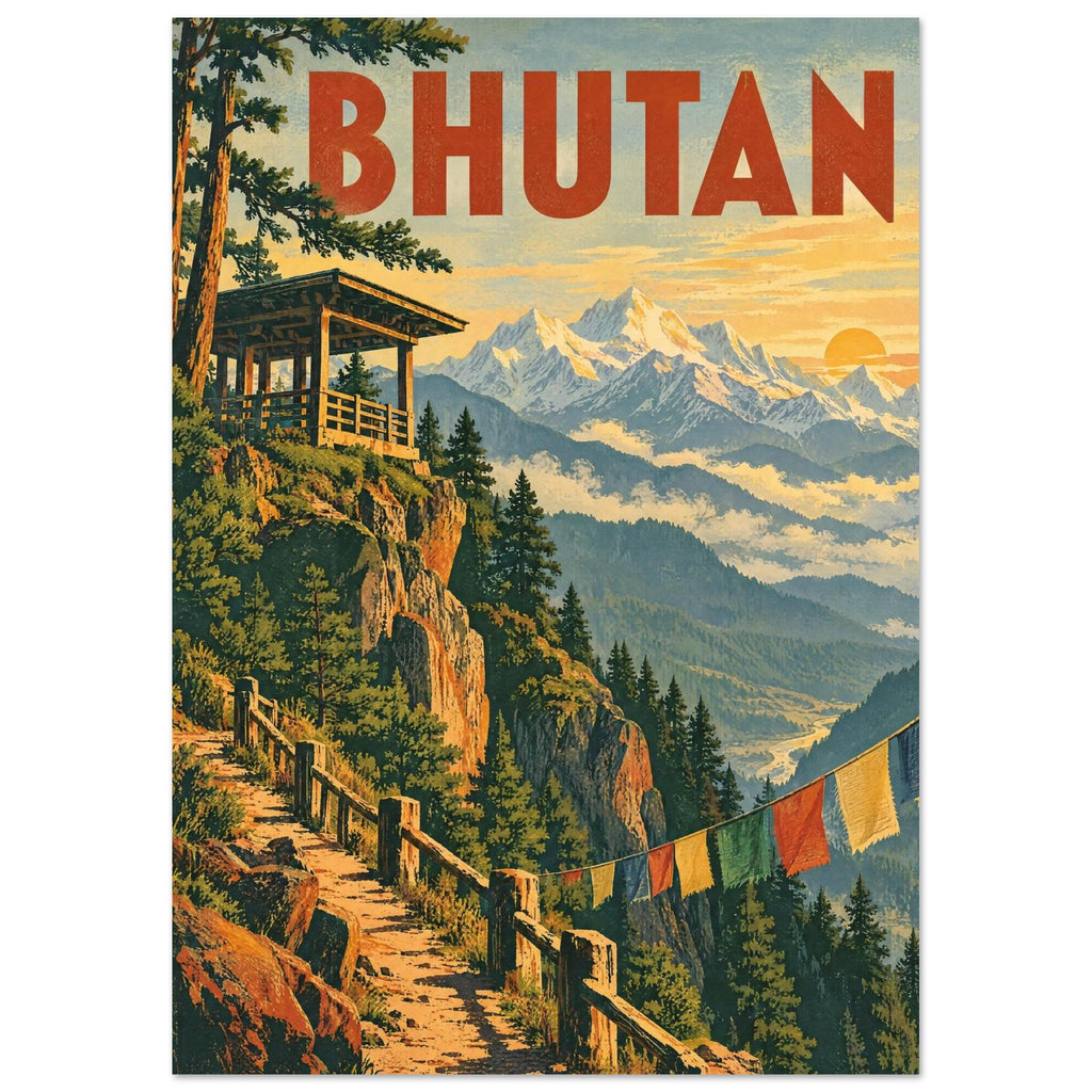 Bhutan travel poster with snowy mountains, pine cliffs, a wooden pavilion, colourful flags and bold red lettering.
