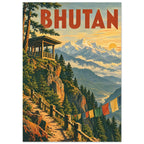 Bhutan travel poster with snowy mountains, pine cliffs, a wooden pavilion, colourful flags and bold red lettering.