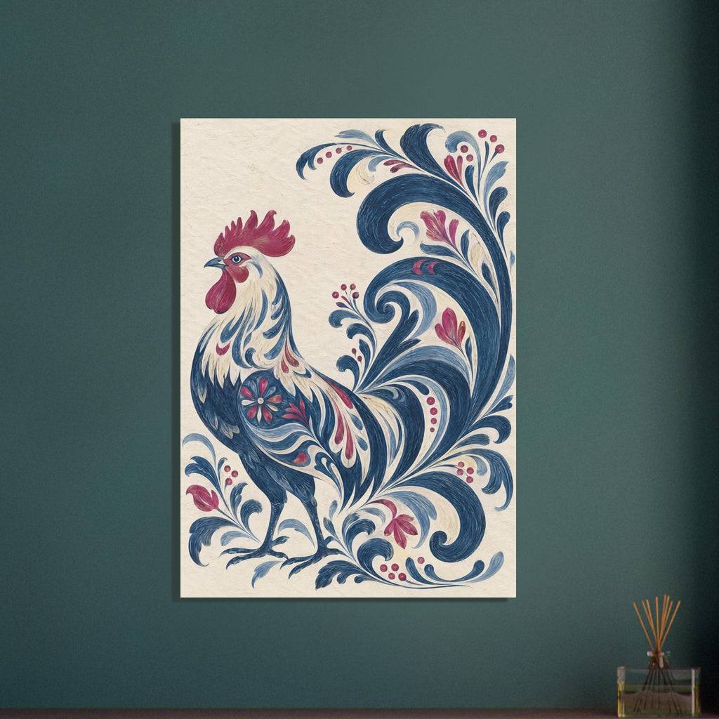 Decorative blue and cream rooster with a burgundy comb, surrounded by sweeping blue floral scrolls on cream.