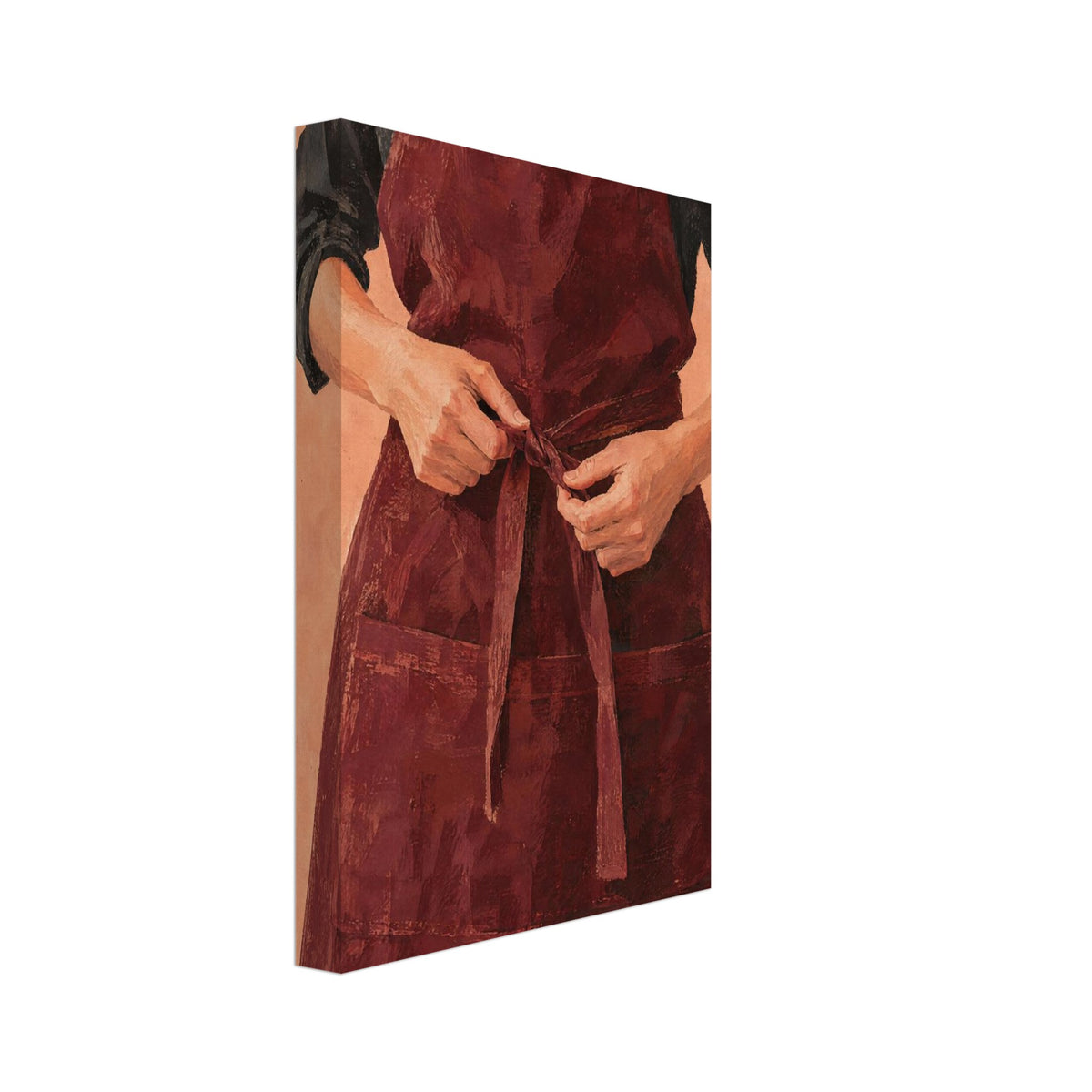 Hands tying a burgundy apron over a charcoal shirt, painted with textured brushwork against a peach background.