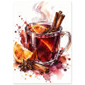 Watercolour glass of mulled wine with cinnamon sticks, star anise and orange slices